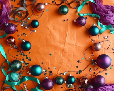 An eye-level shot reveals a collection of decorative holiday ornaments scattered across a textured