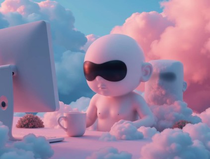 A surreal scene features a figure with shades sitting at a desk with a computer and coffee cup