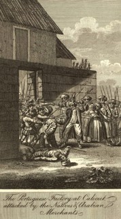 The Portuguese, Portuguese factory at Calicut attacked by the Natives and Orabine Merchants, India,