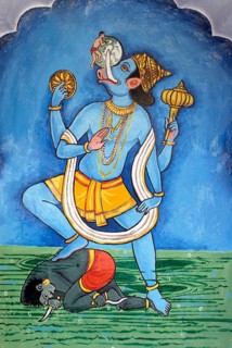 Varahavtar or boar third incarnation of Lord Vishnu colourfully painted on wall of Vishnu Narayan