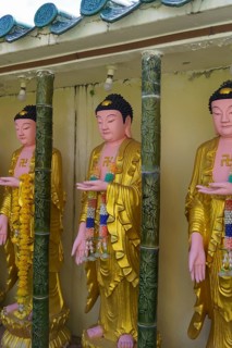 Row of gold-coloured buddha statues in a temple area, penang, malaysia