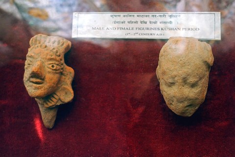 Male & female figurines of Kushan period, excavated artifacts in museum, UNESCO World Heritage,