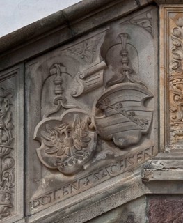 Oschatz Saxony Town Hall 75341 Coat of arms reliefs of Poland and Saxony on the parapet of the town