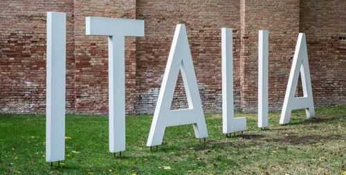 Italy Venice Architecture Biennale 2018 -220 freestanding lettering ITALIA in front of the relevant