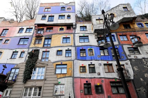 Detail of the colourful façade of the Hundertwasser House, Hundertwasser House, residential