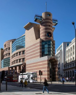 London, postmodern head-end building on Queen Victoria Street by James Stirling, designed in 1985,