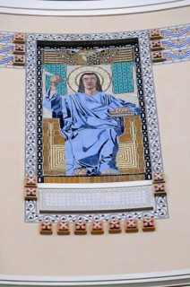 Religious mosaic of a man in a blue robe in an ornate frame, Vienna, Austria, Europe
