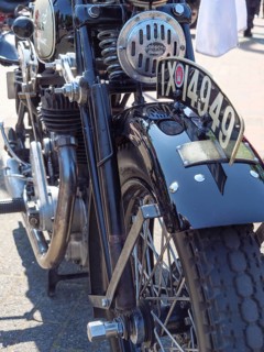Classic black motorbike with exposed number plate and chrome details, Appelhülsen, münsterland,