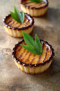 Three petite fruit tarts are displayed on a rough, textured surface. The focus is on the nearest