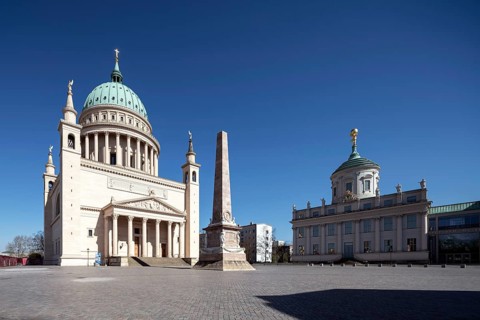 Potsdam, reconstructed Alter Markt, Old Town Hall and the Nikolaikirche on the left