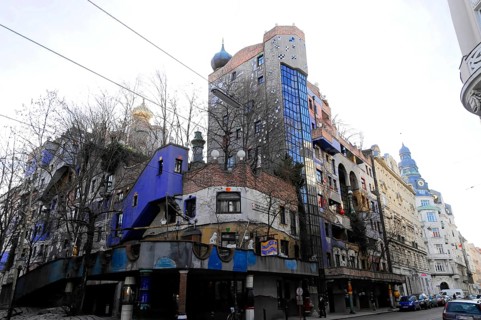 Detail of the colourful façade of the Hundertwasser House, Hundertwasser House, residential