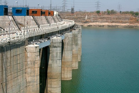 Columns of Indira Sagar Dam standing tall on river Narmada under multi purpose Indira Sagar Project