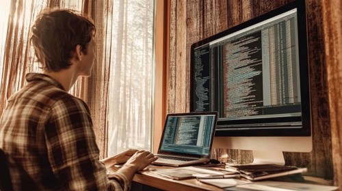 Young adult working remotely at home. The individual is using a laptop and monitor to write code.