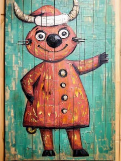 A whimsical cartoon character painting on rustic wood planks, with a charming expression. The art