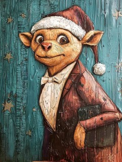 An artistic depiction of a creature with large ears, wearing a Santa hat and a brown suit with a