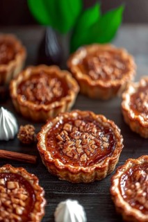 Several warm, flaky pastry tarts sit atop a dark wood surface, each filled with a sweet,