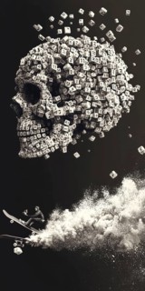 The artwork blends dark themes with dynamic motion. A human skull appears to be formed from