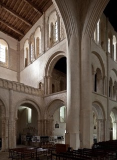 Cerisy-la-Forêt, Normandy, abbey church interior facing south-west with 18th century transept