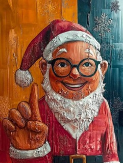 Whimsical artwork depicts Santa with glasses, raising his index finger in a gesturing pose. The