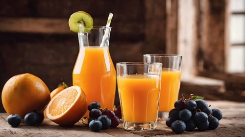 AI generated image, ai Bottles of fruit juice and smoothie with fresh fruits