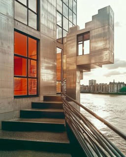 An eye-level architectural shot showcasing stairs leading to a modern building with a unique