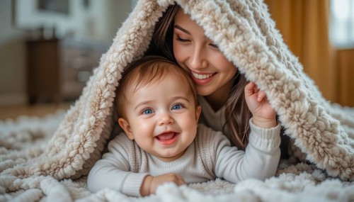 A woman and happy baby under a beige fluffy blanket, exuding warmth and tenderness, AI generated