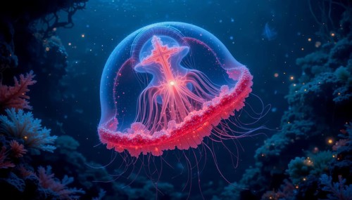 Glowing pink jellyfish floating in a deep ocean, surrounded by coral, creating an ethereal