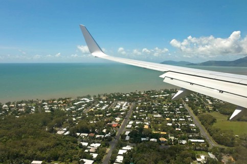 Aerial view of airplane approaching Cairns city, Queensland, Australia, Oceania