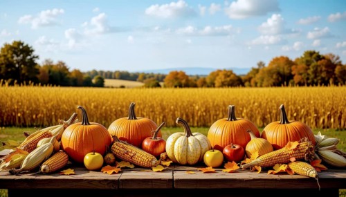 Pumpkins and apples on a table with a blue sky and golden field in the background, AI generated