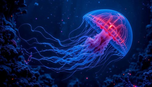 Red and blue glowing jellyfish with streaming tentacles, AI generated