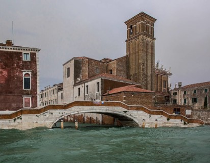 Venice, Jesuit church of Santa Maria Assunta, tower seen from the water over the Fondamente Nove,
