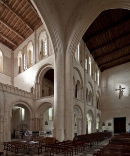 Cerisy-la-Forêt, Normandy, abbey church interior facing south-west with 18th century transept