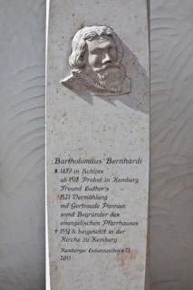 Kemberg Memorial stele in front of the town hall for Bartholomäus Bernhardi reformer and provost