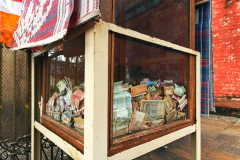 Donation box, UNESCO World Heritage site, Gautam Buddha's birthplace at Lumbini, Nepal, Asia