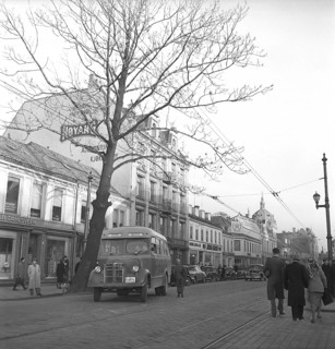 Trondheim Norway 1949. A busy street in the city with people walking and a bus leaving the bus stop