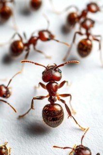 A close-up image captures several ants on a white surface. The central ant is in sharp focus,