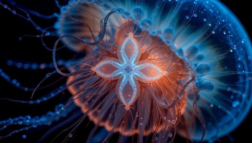 Intricately detailed jellyfish in shades of blue and orange, AI generated