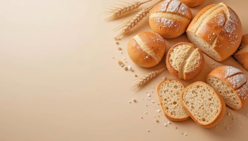 Round bread rolls and slices with wheat stalks on light background, AI generated