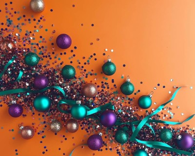 An eye-level close-up shows a bright orange background decorated with shiny holiday ornaments in