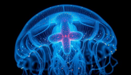 Symmetrical view of a glowing blue and purple jellyfish luminescent in the dark ocean, AI generated