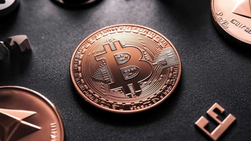A detailed close-up of a copper-colored cryptocurrency coin with a prominent design is the central