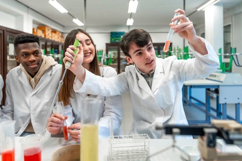 Young chemistry students wearing lab coats performing experiment using test tubes and other