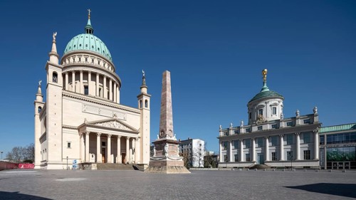 Potsdam, reconstructed Alter Markt, Old Town Hall and the Nikolaikirche on the left