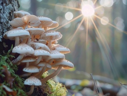 A cluster of small, delicate mushrooms grows on a tree trunk covered in moss. The sunlight filters