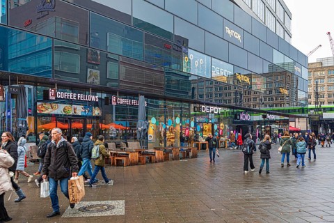 Shopping centre at Alexanderplatz on Rathausstraße in Berlin, Germany.