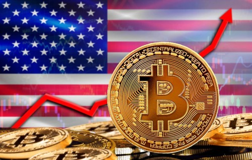 Bitcoin rising with USA flag in the background. Bitcoin with USA flag in the background
