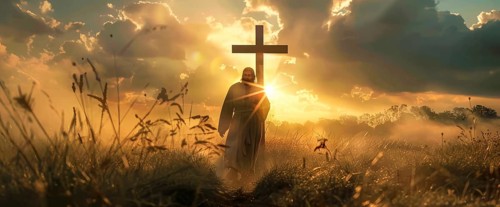 Lord Jesus Christ walking in dramatic sunset in front of the cross, AI generated