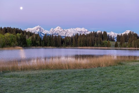 Hegratsrieder See near Füssen, Allgäu Alps, snow, moon, dawn, Allgäu, Bavaria, Germany, Europe
