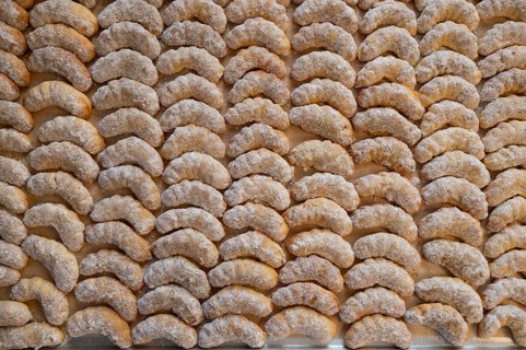 Freshly baked vanilla crescents on a baking tray, Bavaria, Germany, Europe