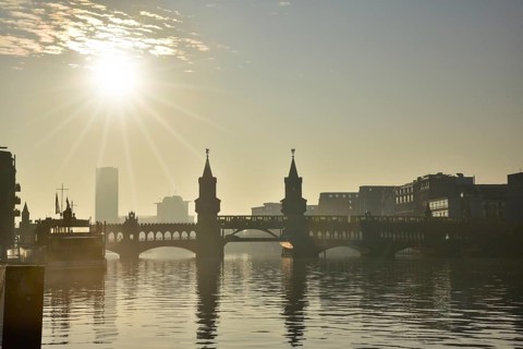 Oberbaum Bridge in Berlin-Friedrichshain at sunrise, Berlin, Germany, Europe